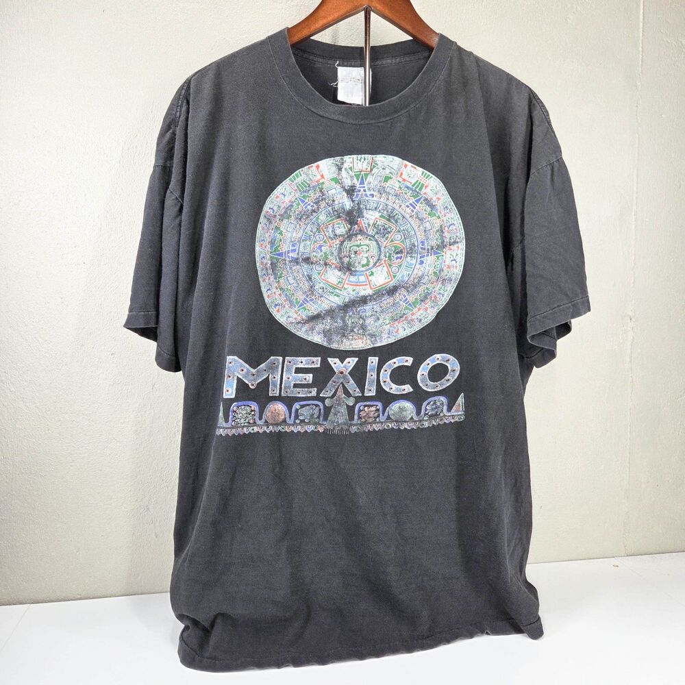 Vintage 90s Zimco Mexico Aztec Calendar Sun Stone Faded Graphic Tee Sz 3XL